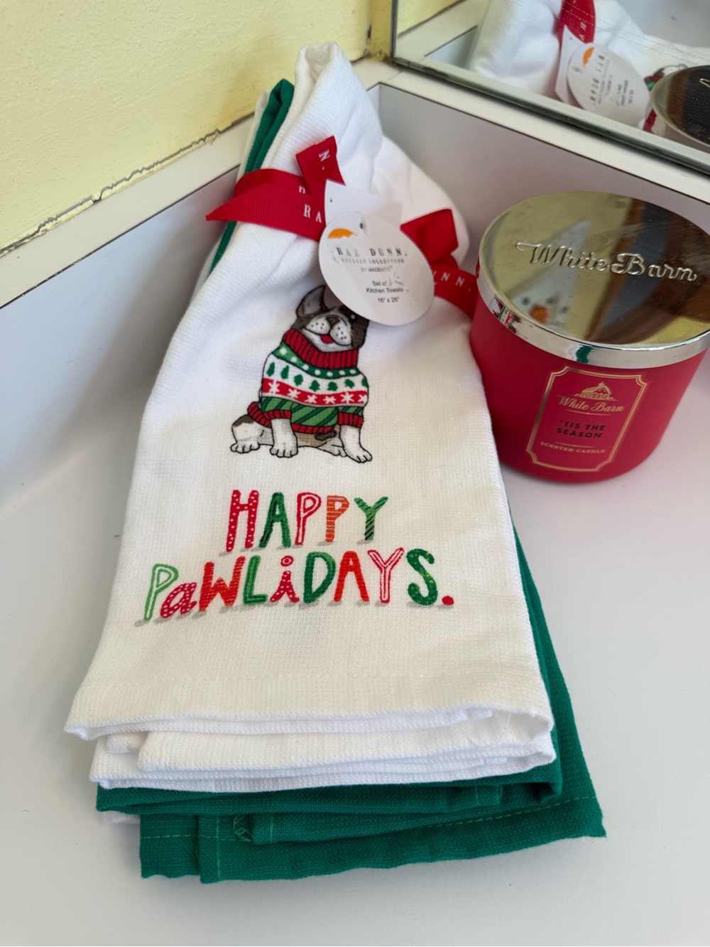 NWT Rae Dunn Happy Pawlidays Holiday Kitchen Towel and 14oz holiday candle